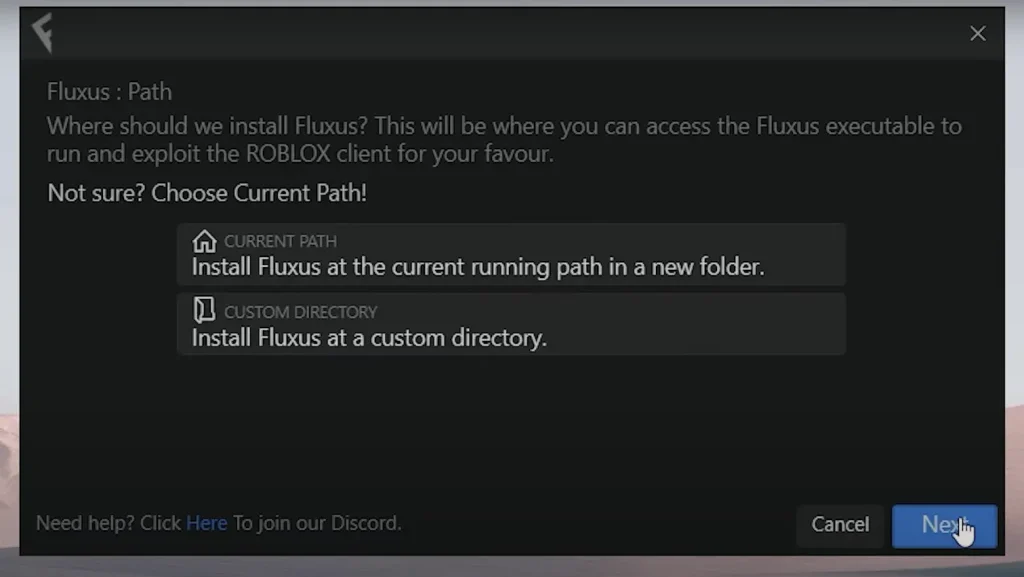 select path on Fluxus PC installer screenshot