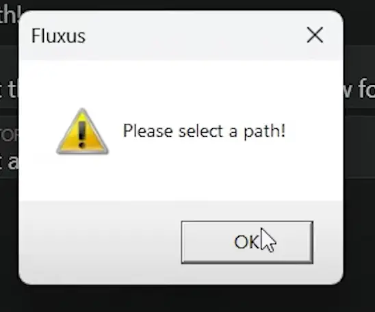 Click 'ok' for path on fluxus pc installer screenshot