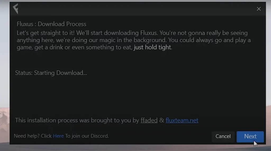 Fluxus PC installer starts downlaod screenshot