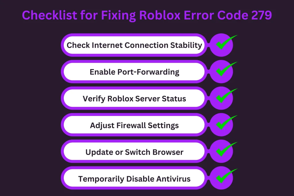 Checklist to fix Roblox error code 279 infographic image